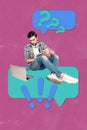 Poster pop collage of man use netbook write speech bubble with exclamation question marks on pink background Royalty Free Stock Photo