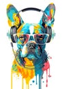 Poster with portrait of a French bulldog wearing headphones on white background.