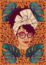 Poster with portrait of trendy african american woman, monstera leaves and strokes