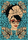 Poster with portrait of trendy african american woman, monstera leaves and strokes