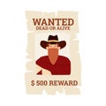 Vector poster with wild west bandit cowboy in hat and mask wanted for reward. Royalty Free Stock Photo