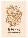 A poster with a portrait of a woman for all lovers on February 14. Line art portrait with cotton branch and woman portrait. Self-