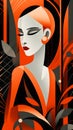 Poster portrait of a woman in an orange color. Art deco design style with cartoonish character.