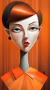 Poster portrait of a woman in an orange color. Art deco design style with cartoonish character.