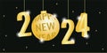 Poster, postcard, banner with three-dimensional numbers 2024 and a Christmas ball made of gold on a black background Royalty Free Stock Photo