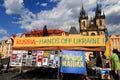 Poster in Prague in support of Ukraine - Russia - hands off Ukraine. Czechs oppose Russia war against Ukraine, stand with