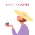 Poster with pretty graceful woman in hat holding the cup of hot coffee