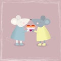 Poster with two cute kissing mice dressed in dresses and holding a heart in lesbian flag colors