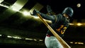 Poster with professional baseball player with baseball bat in action during match in crowed sport stadium at evening Royalty Free Stock Photo