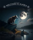 A poster promoting the nature and wildlife of Alaska. Grizzly bears walk under the moon