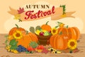 Poster with pumpkin crop and fruit for autumn festivals. Vector Royalty Free Stock Photo