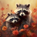 Poster Raccoon in Autumn flowers. Animals concept. Generative AI illustration.