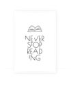 Never stop reading, vector. Motivational, inspirational quote. Scandinavian minimalist art design. Open book illustration
