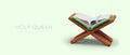 Poster with realistic Quran on special wooden stand. Religion open book on green background