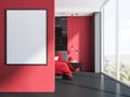 Poster in a red and gray bedroom interior Royalty Free Stock Photo