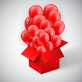 Poster with Red Shiny Balloons Bunch flying from open red box. Vector illustration Royalty Free Stock Photo