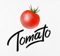 Poster with red watercolor drawing and lettering organic tomato - natural vegetables for postcard, logo