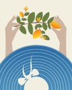 Poster, Relaxation and enjoyment concept. Girl in a wide-brimmed blue hat with a sprig of lemons stylish vector illustration. View