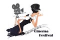 Poster with a retro cinema camera and a fashion girl.