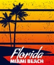 Poster Retro Florida Miami Beach sunset print. Poster grunge palm tree silhouettes Royalty Free Stock Photo