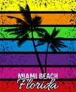 Poster Retro Florida Miami Beach sunset print. Poster grunge palm tree silhouettes Royalty Free Stock Photo