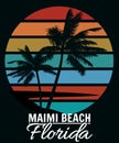 Poster Retro Florida Miami Beach sunset print t-shirt design. Poster palm tree silhouettes Royalty Free Stock Photo
