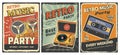 Poster retro music. Audio vintage gadgets players headset vynil radio recent vector placards with place for text Royalty Free Stock Photo