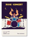 Poster of rock concert with playing drummer character flat style