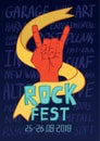 Poster for rock music festival. Hand in rock n roll sign, gesture. Vector illustration. Royalty Free Stock Photo