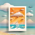 a poster of a sailboat on the beach with clouds and a plane Royalty Free Stock Photo