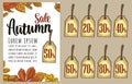 Poster SALE AUTUMN lettering with set leaf. Vector engraving