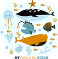 Poster with sea animals my home - vector illustration, eps