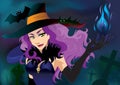 Poster. Halloween witch in black hat and blue Royalty Free Stock Photo