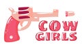 A poster of a shepherdess and a revolver. Colorful pink revolver. Print on a wild west T-shirt or poster design. A
