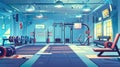 Poster showing a gym, fitness club, and online workout. Modern banner with subscribe button and cartoon interior of