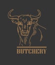 Poster signboard with bull sketch portrait and text butchery on black background. Vector illustration