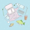 Poster of single-use plastics float in the water with fish. Prevention of water pollution banner. Microplastic concept. Hand drawn Royalty Free Stock Photo