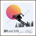 Poster. Skier flying against the evening sun Royalty Free Stock Photo