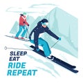 A poster with skiers and a mountain winter landscape.