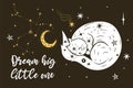 Poster with a sleeping cat, stars and the inscription Dream big little one. Vector graphics