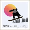 Poster. snowboarder flying against the evening sun Royalty Free Stock Photo