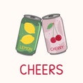 Poster with soft drink aluminum cans are clinked glasses. Carbonated non-alcoholic cherry soda and lemonade with cheers lettering Royalty Free Stock Photo