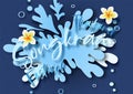 Poster of Songkran Festival in water splash paper cut style and wording of event on navy blue paper pattern background