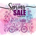 Poster Spring sales, set of black icons and symbols with bike on a watercolor background, flyer templates with lettering