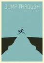 poster stile. business finance. businessman jumping over chasm concept. Symbol of business success, chal