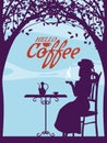 Poster Street Cafe autumn, girl on the chair, fall mood. Cup, chair, table, kettle retro style vector illustration