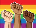 Poster about the struggle of the LGBT community of different races on the background of the rainbow flag