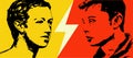 Poster style design showing Mark Zuckerberg and Elon Musk facing each other in a dual