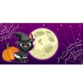 Poster in style of holiday all evil Halloween. A little black kitten in witch hat at midnight by the light of the moon