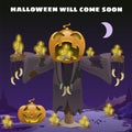 Poster in style of holiday all evil Halloween. Scarecrow with a head of pumpkin at midnight by the light of the moon Royalty Free Stock Photo